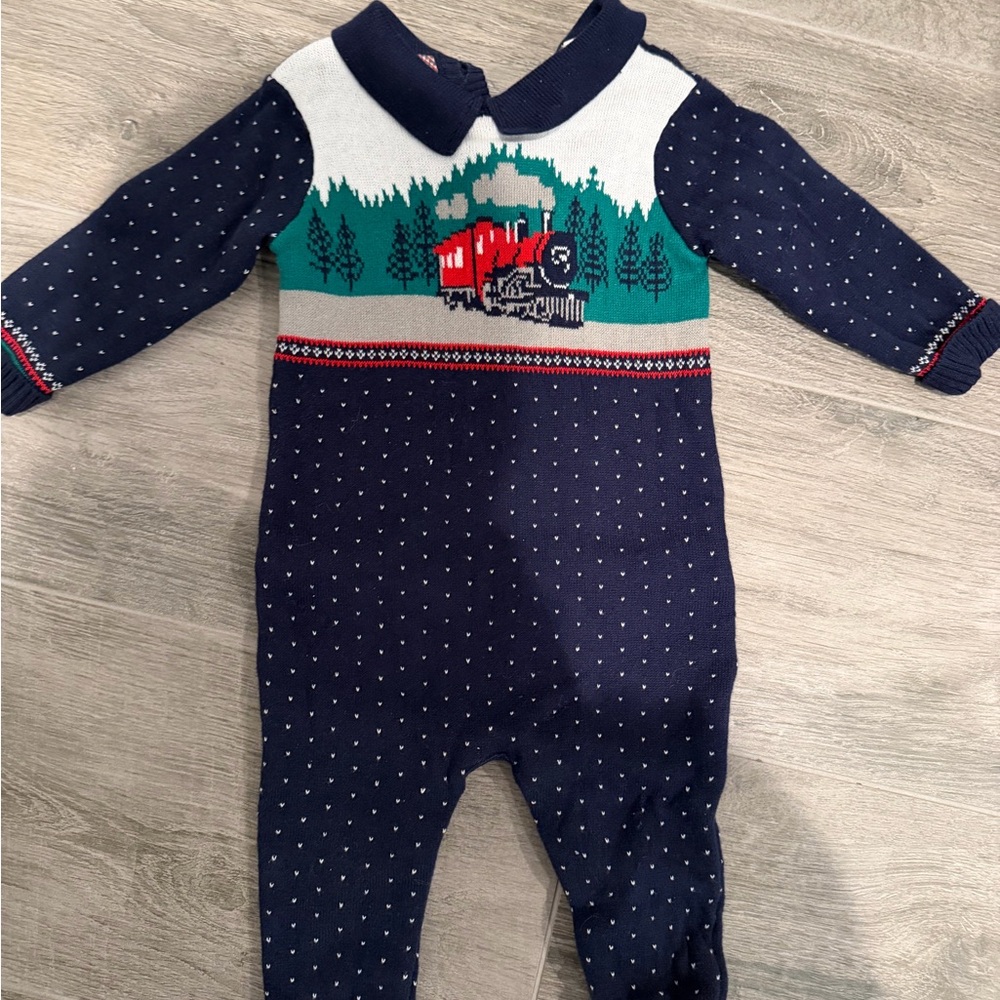 Janie and Jack Navy Knit One-Piece with Red Train Motif